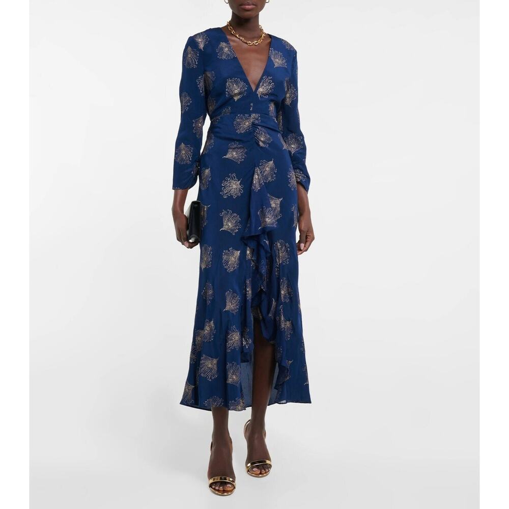 NWT Rixo Navy Rose Cut Out Ruffle Glittered‎ Silk Crepe Midi Dress 4